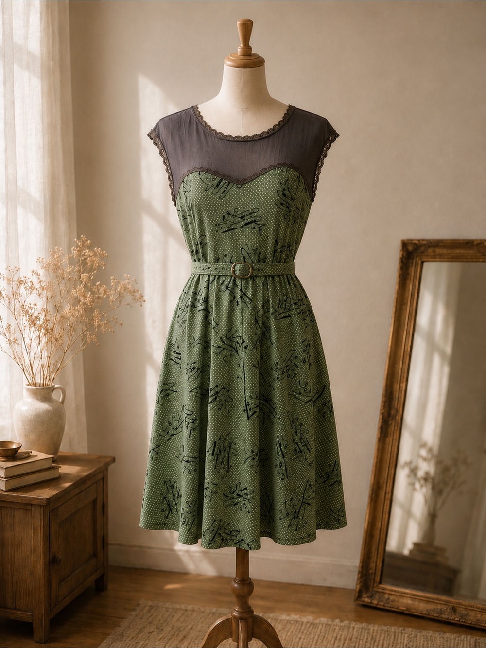 Effie’s Heart Jackie Airplane Print Dress Green Polka Dot NWT Size L Retro